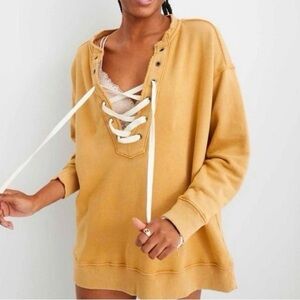 Aerie Women’s V-Neck Lace-Up Mustard Yellow Oversized Sweatshirt Pullover Small